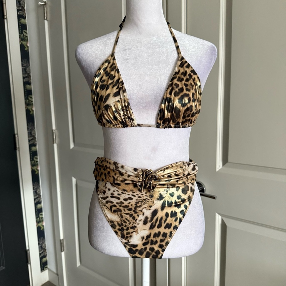 NWT Roberto Cavalli Metallic Sheen Animal Print Bikini Set Size L